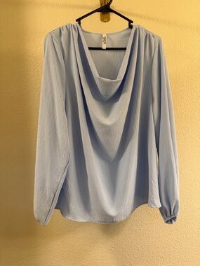 Draped Neck Long-Sleeve Blouse in Light Blue
